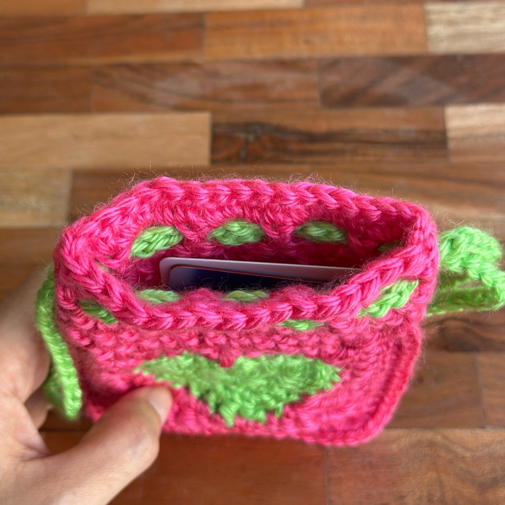Handmade Crochet Pouch with Heart Design (Pink and Green) - Picture 3 of 8